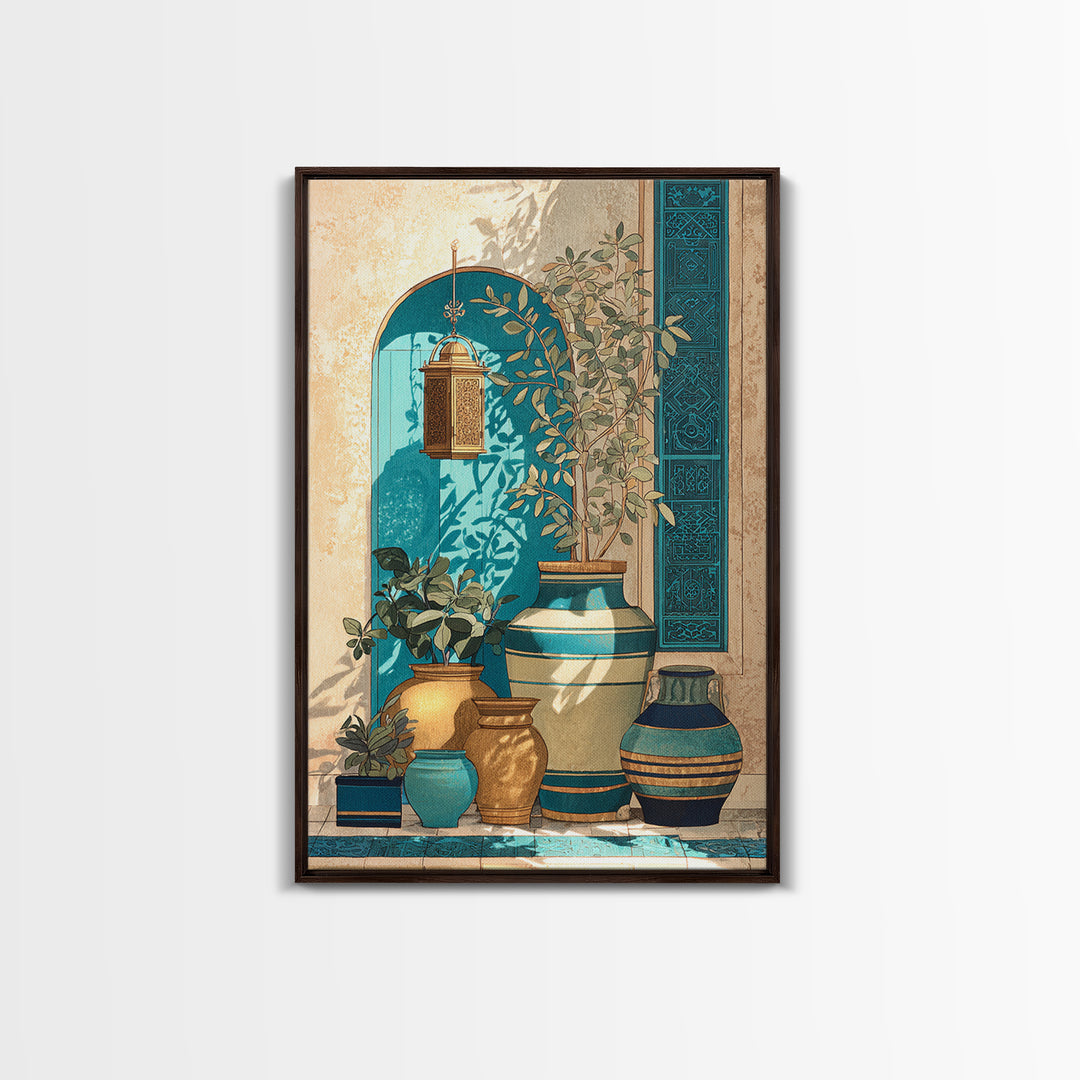 Brass Lantern Still Life Casting Lace Shadows Framed Canvas Print, Moroccan Art, African Art, Living Room Decor, Abstract Art, MOR-2x3-17