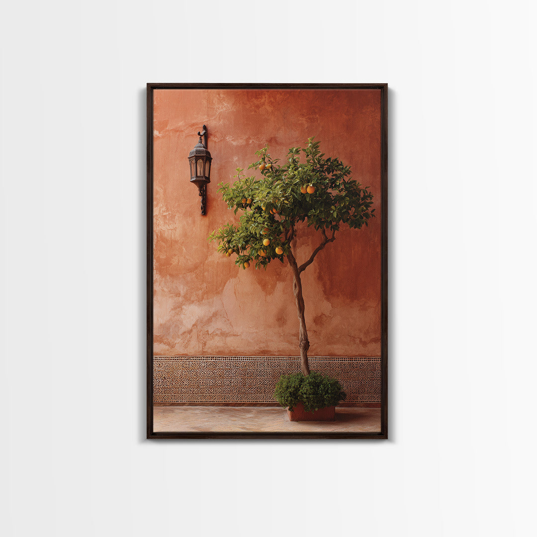Orange Tree in Tiled Courtyard Framed Canvas Print, Moroccan Art, Modern Wall Art, Living Room Decor, Oil Painting, Marrakesh, MOR-2x3-21