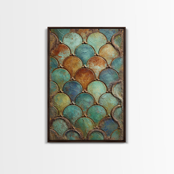 Turquoise Tile Fish Scale Pattern Framed Canvas Print, Moroccan Art, Gallery Wall Set, Living Room Decor, Oil Painting, MOR-2x3-53