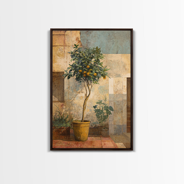 Orange Tree in Tiled Courtyard Framed Canvas Print, Moroccan Art, Neutral Wall Art, Living Room Decor, Fine Art, Marrakesh, MOR-2x3-69