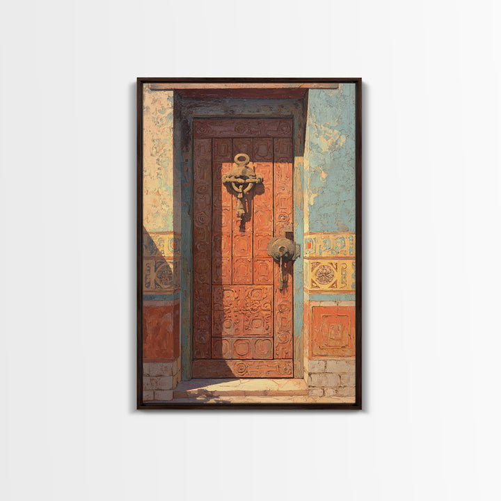 Patterned Door Hardware and Carved Wood Detail Framed Canvas Print, Moroccan Art, Modern Rug, Living Room Decor, Marrakesh, MOR-2x3-75
