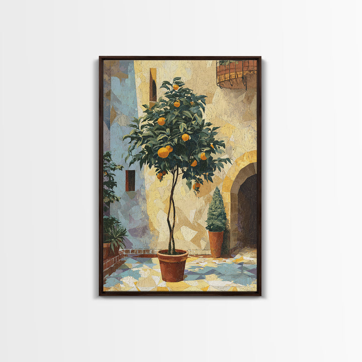 Orange Tree in Tiled Courtyard Framed Canvas Print, Moroccan Art, Neutral Wall Art, Living Room Decor, Fine Art, Marrakesh, MOR-2x3-93