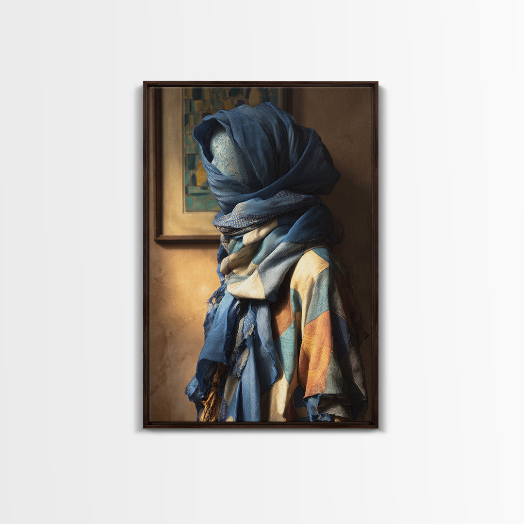 Tuareg Blue Scarf Portrait Framed Canvas Print, Moroccan Art, Modern Wall Art, Living Room Decor, Fine Art, Marrakesh, MOR-2x3-98