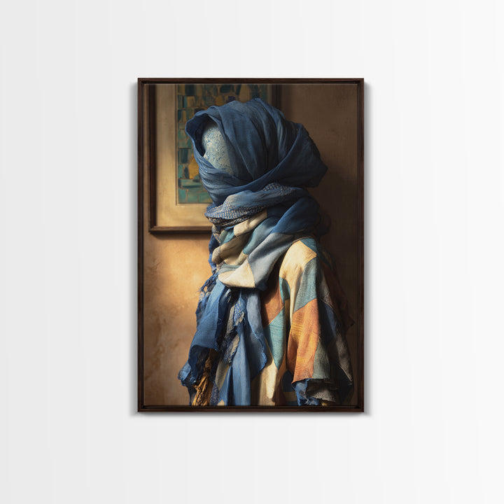 Tuareg Blue Scarf Portrait Framed Canvas Print, Moroccan Art, Modern Wall Art, Living Room Decor, Fine Art, Marrakesh, MOR-2x3-98