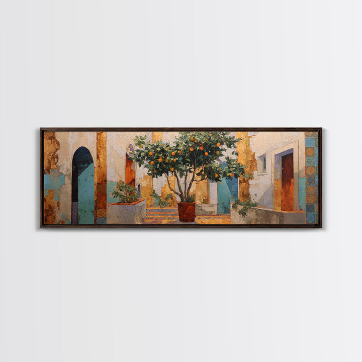 Orange Tree in Tiled Courtyard Framed Canvas Print, Moroccan Art, Fine Art Print, Living Room Decor, Fine Art, Marrakesh, MOR-3x1-53