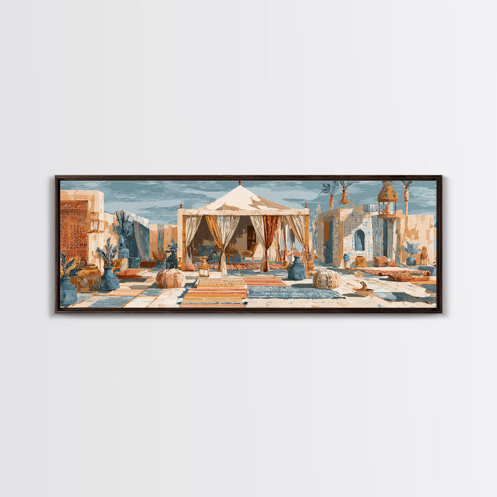 Desert Tent with Woven Rugs and Lanterns Canvas Print, Moroccan Art, Modern Decor, Living Room Decor, Fine Art, Marrakesh, MOR-3x1-54