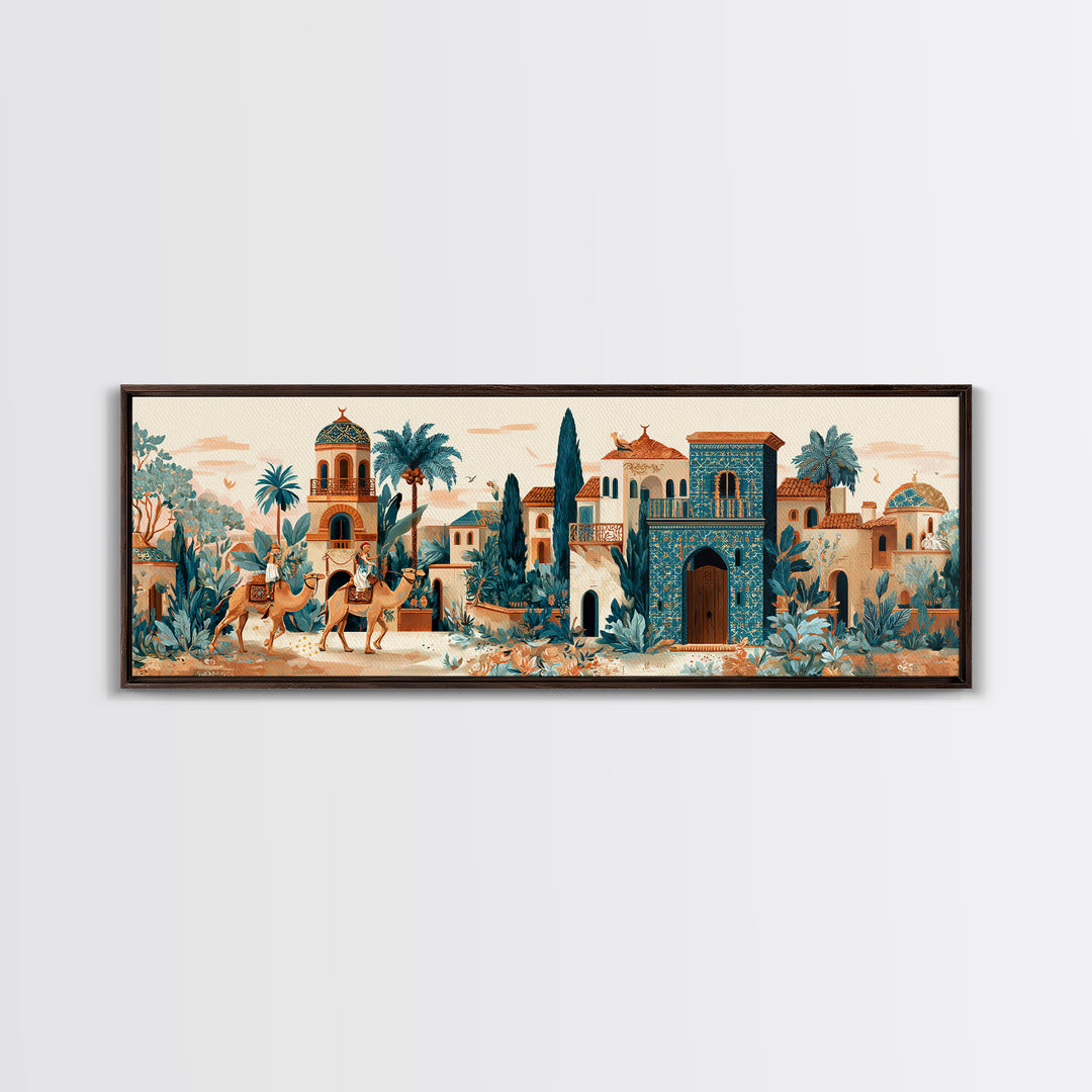 Desert Camel Caravan Framed Canvas Print, Moroccan Art, Boho Decor, Living Room Decor, Fine Art, Marrakesh, Ramadan Decor, MOR-3x1-67