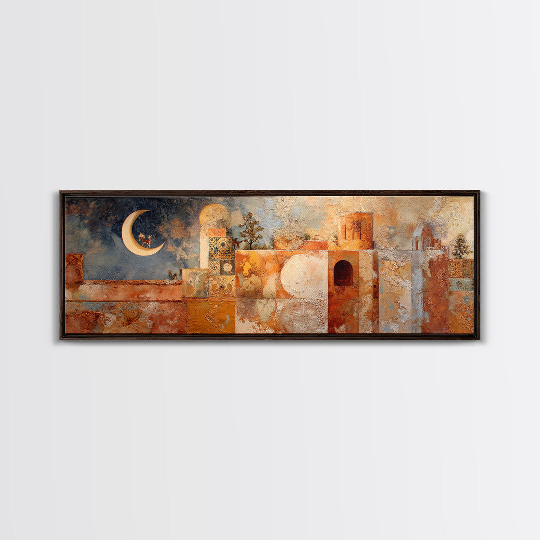 Camel Silhouette Beneath Crescent Moon Canvas Print, Moroccan Art, Set of 3 Prints, Living Room Decor, Fine Art, Marrakesh, MOR-3x1-75