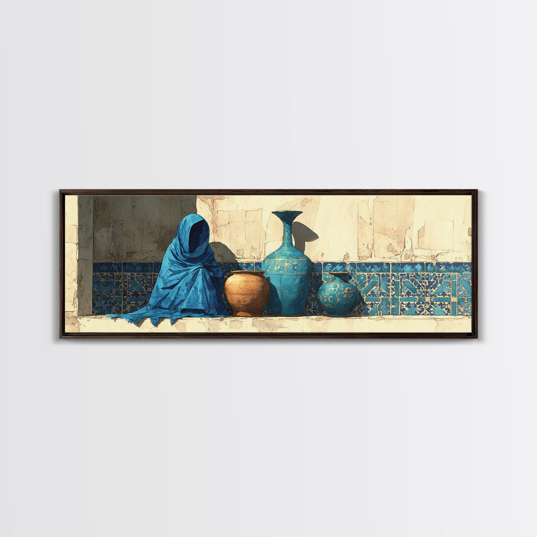 Tuareg Blue Scarf Portrait Framed Canvas Print, Moroccan Art, Gallery Wall Set, Living Room Decor, Fine Art, Marrakesh, MOR-3x1-82