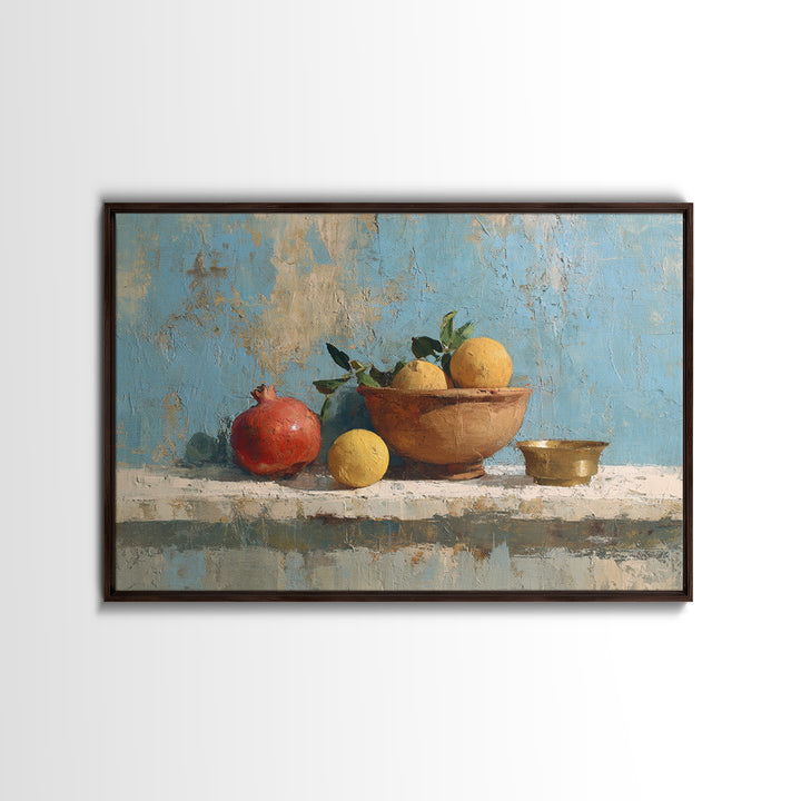 Pomegranate and Brass Bowl Still Life Framed Canvas Print, Moroccan Art, Moroccan Decor, Living Room Decor, Oil Painting, MOR-3x2-50
