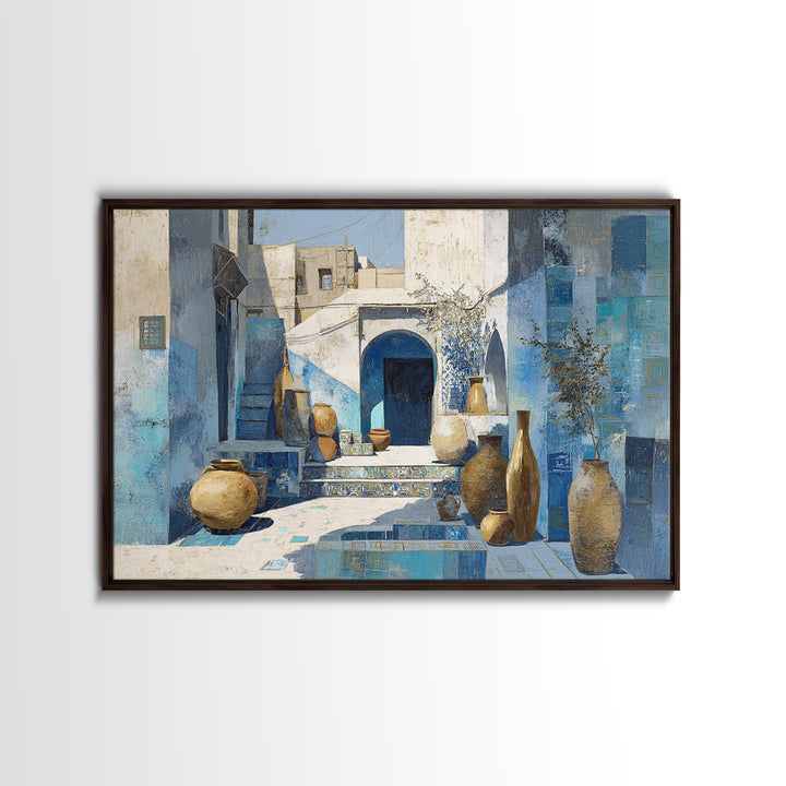 Blue City Alley Rendered as Painterly Shapes Canvas Print, Moroccan Art, Travel Wall Art, Living Room Decor, Abstract Art, MOR-3x2-58