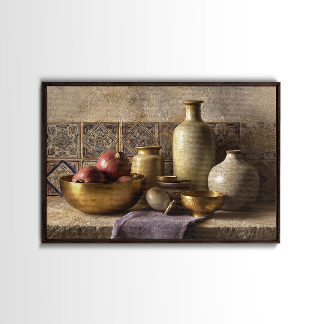 Pomegranate and Brass Bowl Still Life Framed Canvas Print, Moroccan Art, Moroccan Decor, Living Room Decor, Oil Painting, MOR-3x2-74