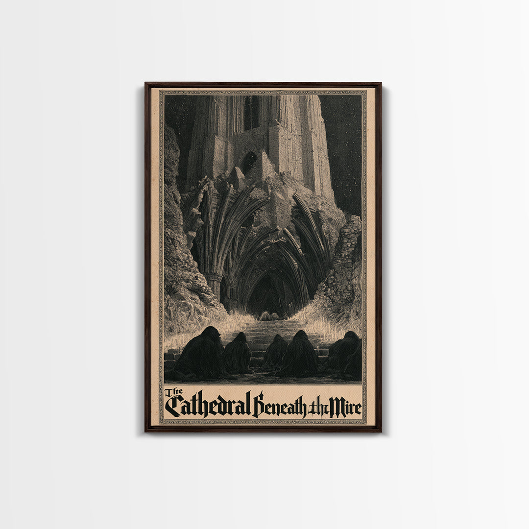 The Cathedral Beneath The Mire, English Language Horror Movie Poster, Gothic Engraving Art, Retro Horror Movie Art, Canvas Print