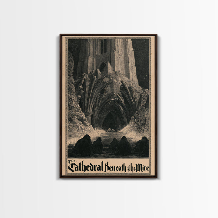 The Cathedral Beneath The Mire, English Language Horror Movie Poster, Gothic Engraving Art, Retro Horror Movie Art, Canvas Print