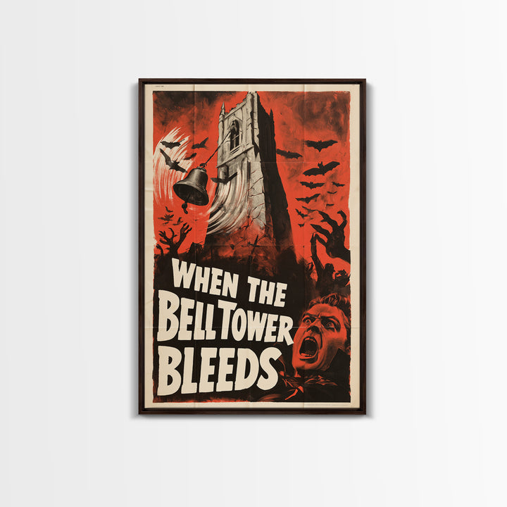 When The Bell Tower Bleeds, English Language Horror Movie Poster, 1950s Creature-Feature One-Sheet Inspired Art, Cult Horror Poster