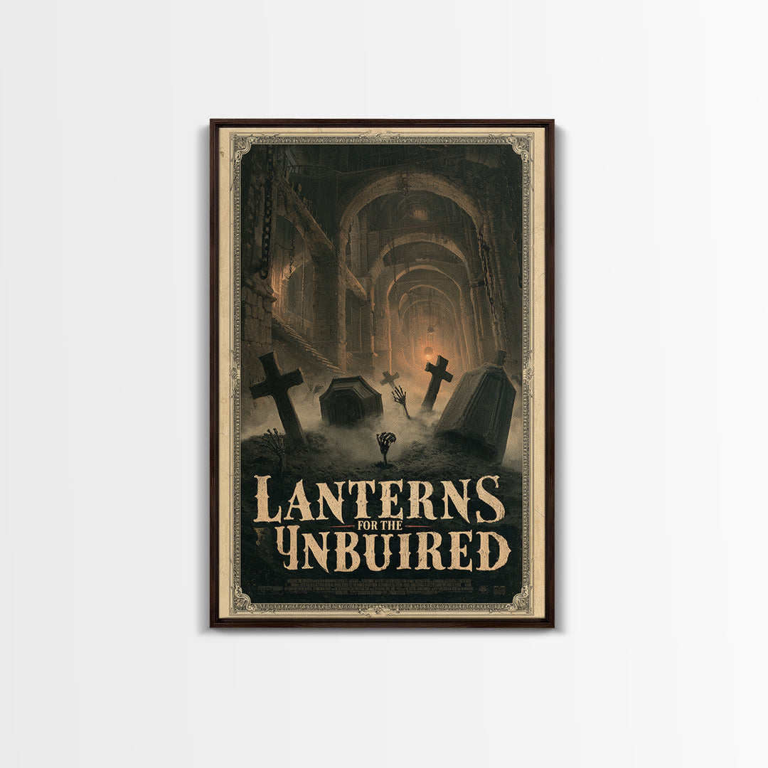 Lanterns For The Unburied, English Language Horror Movie Poster, Architectural Etching Art, Retro Horror Movie Art