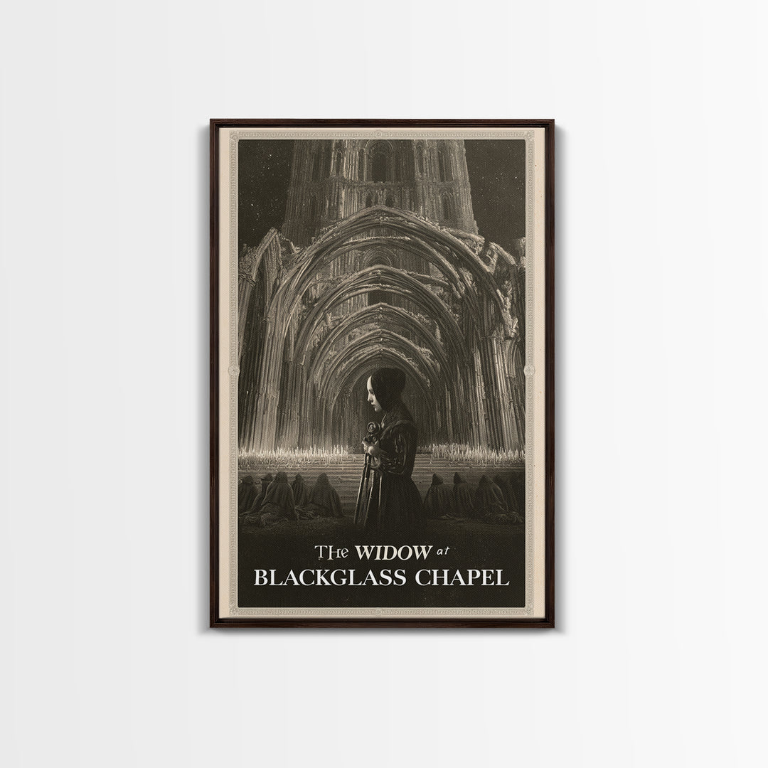 The Widow At Blackglass Chapel, English Language Horror Movie Poster, Gothic Engraving Art, Retro Horror Movie Art, Canvas Print