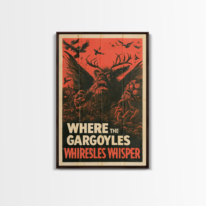 Where The Gargoyles Whisper, English Language Horror Movie Poster, 1950s Creature-Feature One-Sheet Inspired Art, Cult Horror Poster