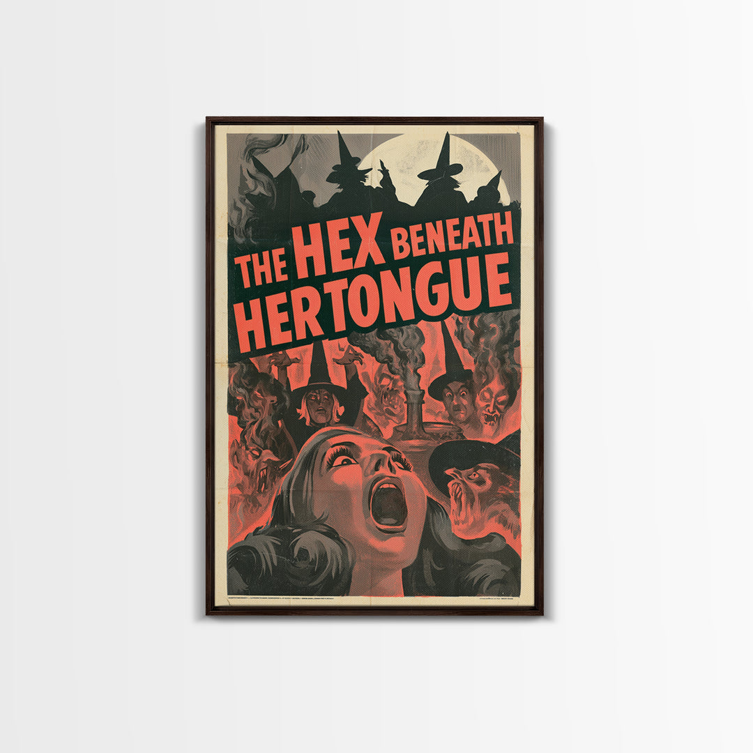 The Hex Beneath Her Tongue, English Language Horror Movie Poster, 1950s Creature-Feature One-Sheet Inspired Art, Gothic Cinema Wall Art