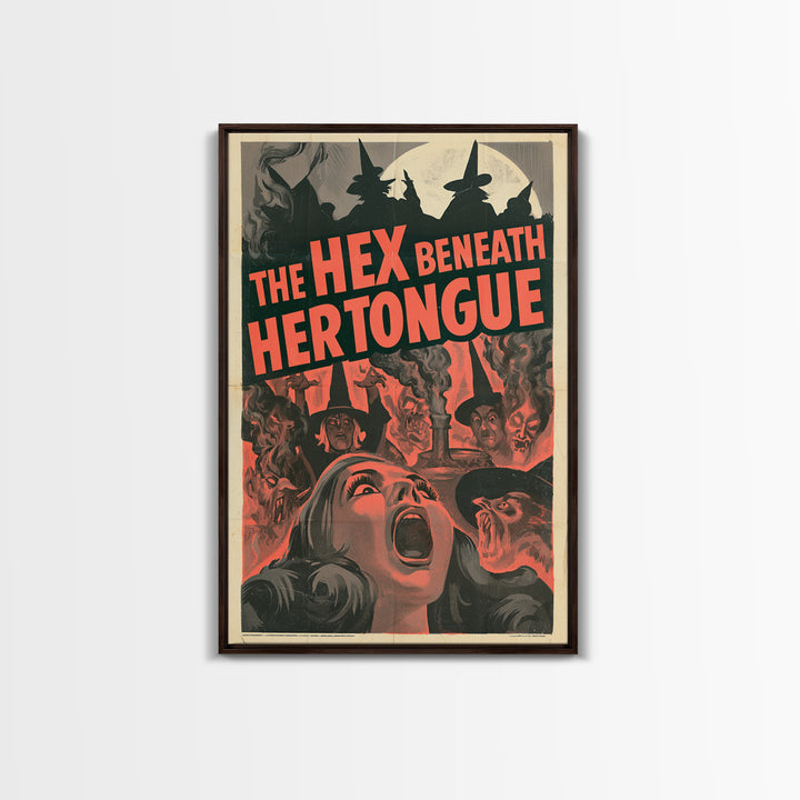 The Hex Beneath Her Tongue, English Language Horror Movie Poster, 1950s Creature-Feature One-Sheet Inspired Art, Gothic Cinema Wall Art