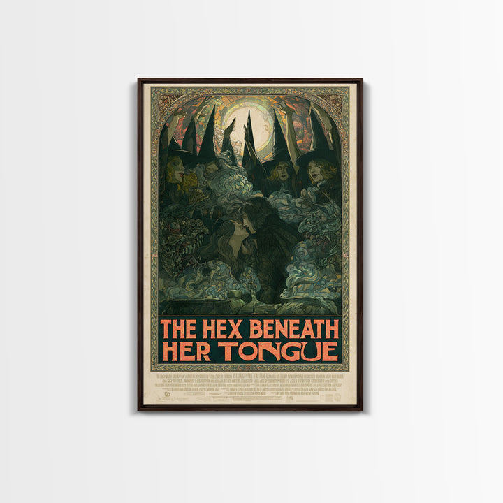 The Hex Beneath Her Tongue, English Language Horror Movie Poster, Stained Glass Gothic Art, Retro Horror Movie Art, Framed Canvas Print