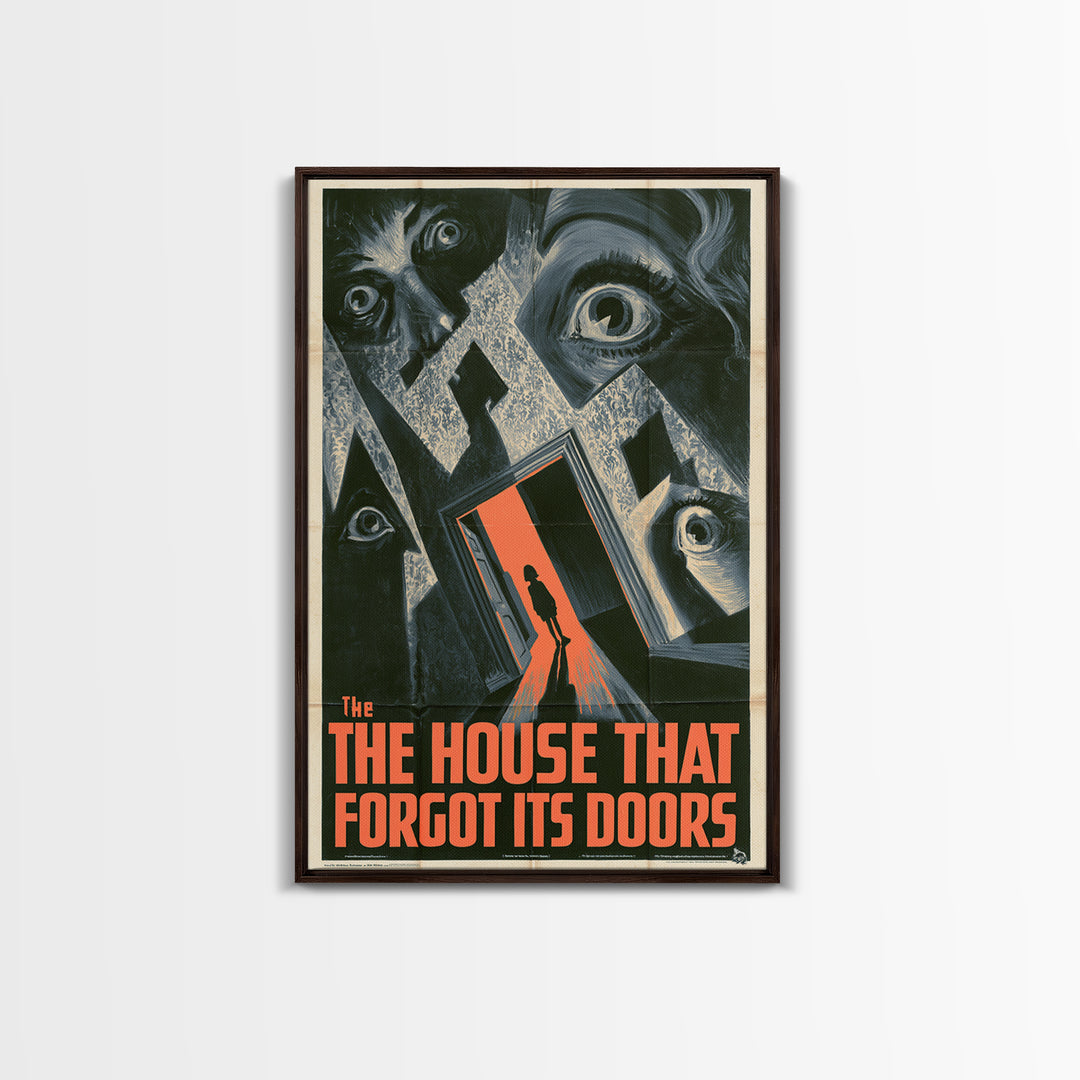 The House That Forgot Its Doors, English Language Horror Movie Poster, 1930s Horror Art, Retro Horror Movie Art, Framed Canvas Print