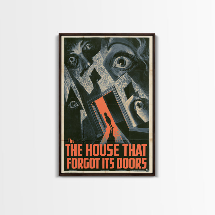 The House That Forgot Its Doors, English Language Horror Movie Poster, 1930s Horror Art, Retro Horror Movie Art, Framed Canvas Print