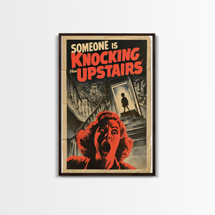 Someone Is Knocking From Upstairs, English Language Horror Movie Poster, 1950s Creature-Feature One-Sheet Inspired Art, Canvas Print