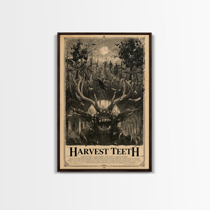 Harvest Teeth, English Language Horror Movie Poster, Architectural Etching Art, Classic Monster Poster, Framed Canvas Print