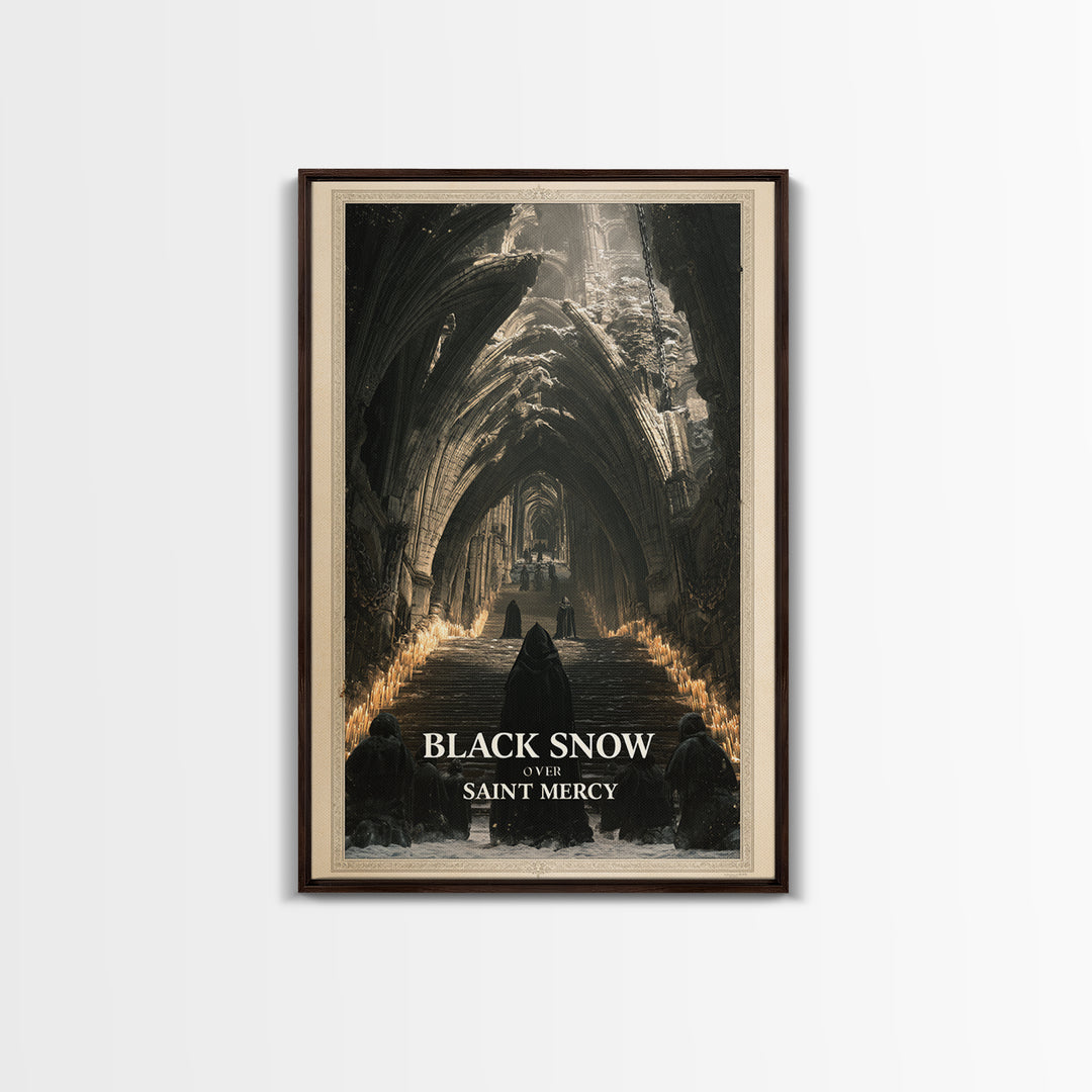 Black Snow Over Saint Mercy, English Language Horror Movie Poster, Architectural Etching Art, Classic Monster Poster