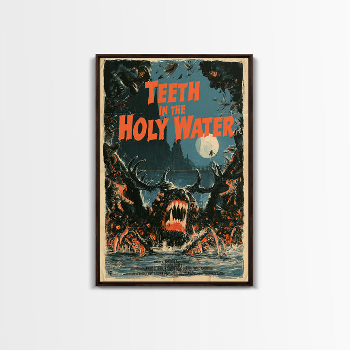 Teeth In The Holy Water, English Language Horror Movie Poster, Giallo Horror Art, Classic Monster Poster, Framed Canvas Print