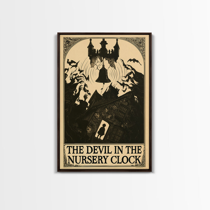 The Devil In The Nursery Clock, English Language Horror Movie Poster, Decadent Line Art, Cult Horror Poster, Framed Canvas Print