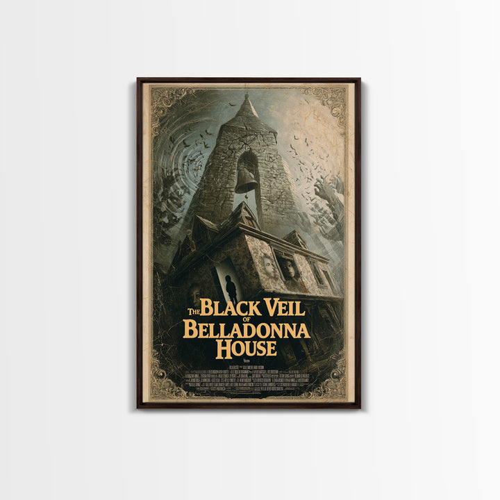 The Black Veil Of Belladonna House, English Language Horror Movie Poster, 1980s Vhs Nightmare Cover Inspired Art, Cult Horror Poster