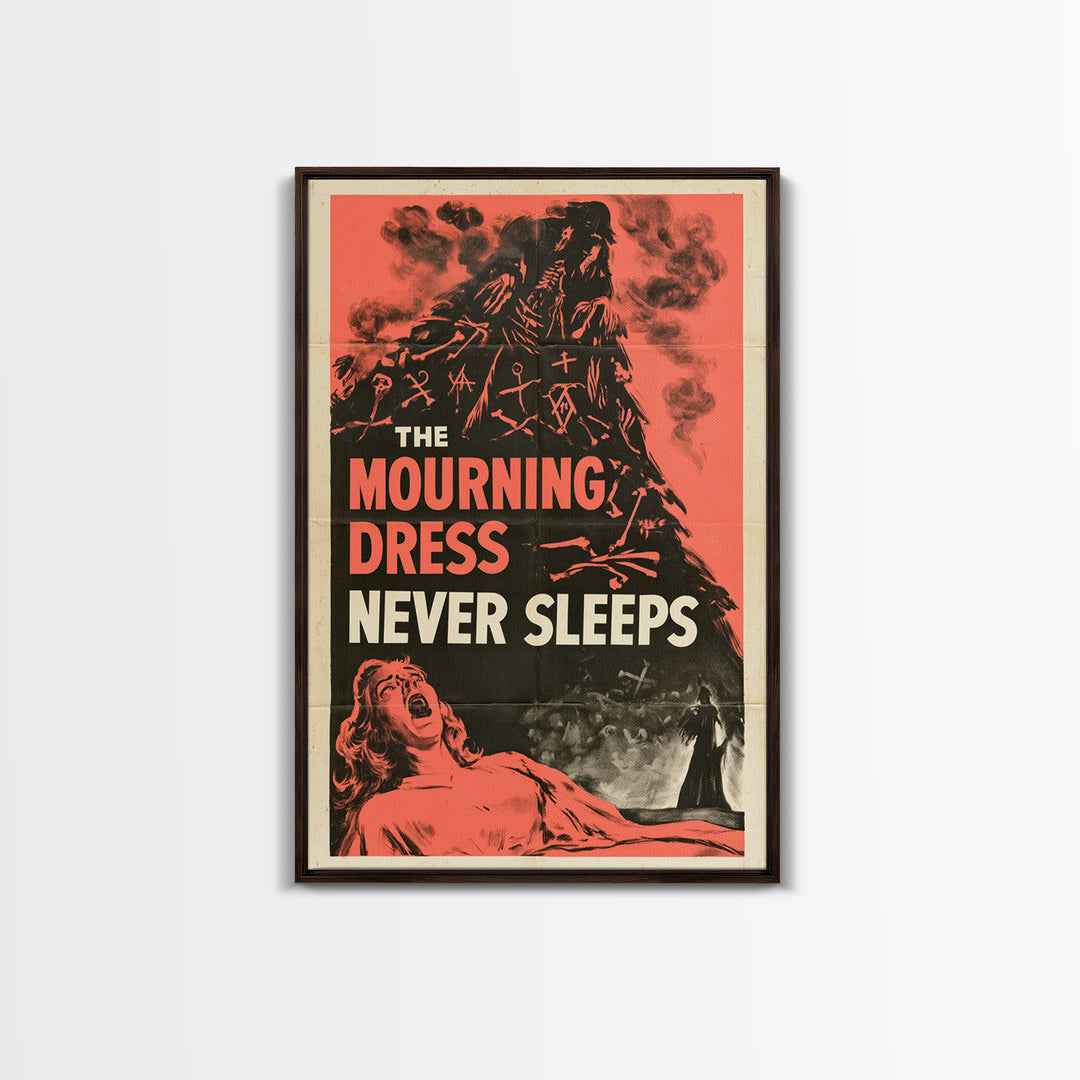 The Mourning Dress Never Sleeps, English Language Horror Movie Poster, 1950s Creature-Feature One-Sheet Inspired Art, Gothic Cinema Wall Art