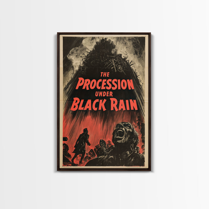 The Procession Under Black Rain, English Language Horror Movie Poster, 1950s Creature-Feature One-Sheet Inspired Art, Cult Horror Poster