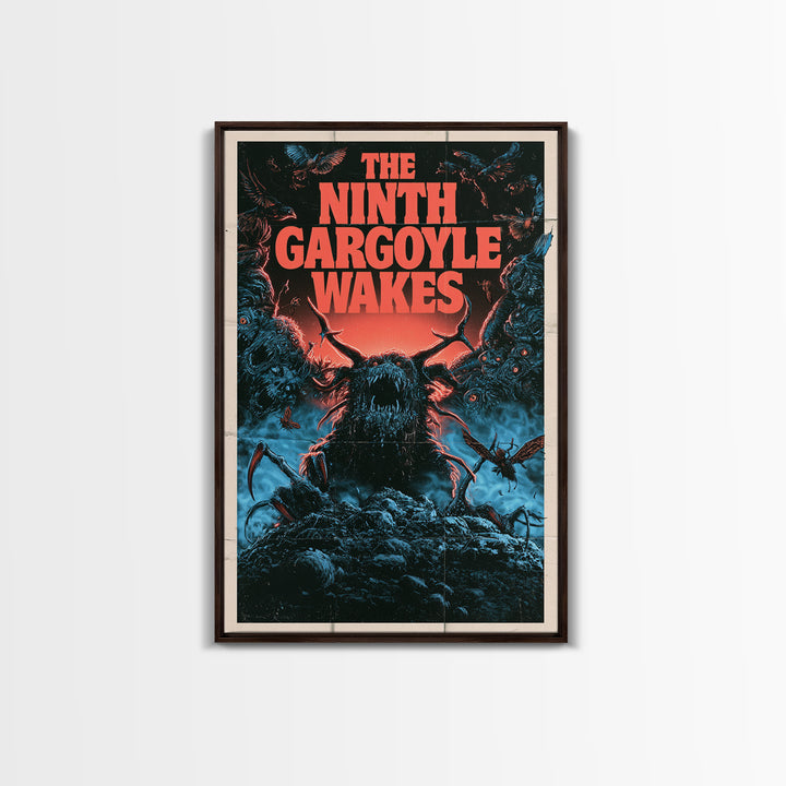 The Ninth Gargoyle Wakes, English Language Horror Movie Poster, 1980s Vhs Nightmare Cover Inspired Art, Classic Monster Poster