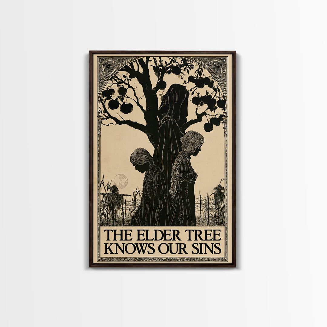 The Elder Tree Knows Our Sins, English Language Horror Movie Poster, Decadent Line Art, Classic Monster Poster, Canvas Print