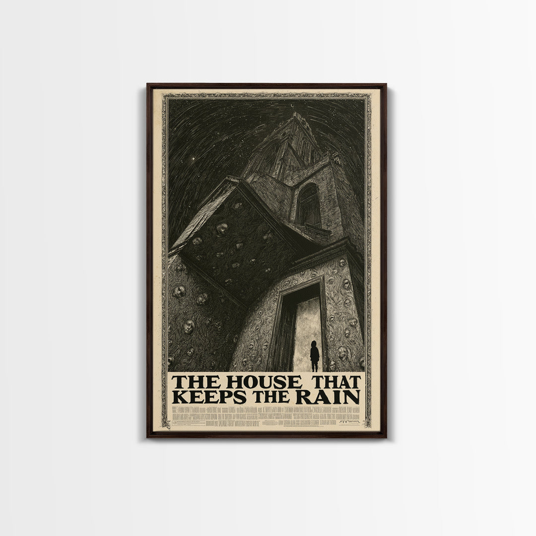 The House That Keeps The Rain, English Language Horror Movie Poster, Gothic Engraving Art, Retro Horror Movie Art, Framed Canvas Print
