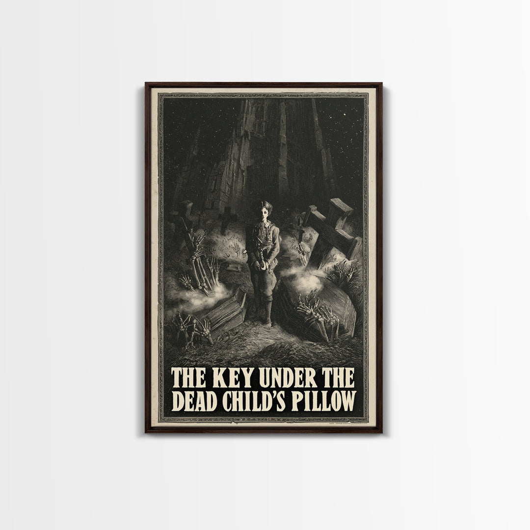 The Key Under The Dead Child'S Pillow, English Language Horror Movie Poster, Gothic Engraving Art, Retro Horror Movie Art, Canvas Print