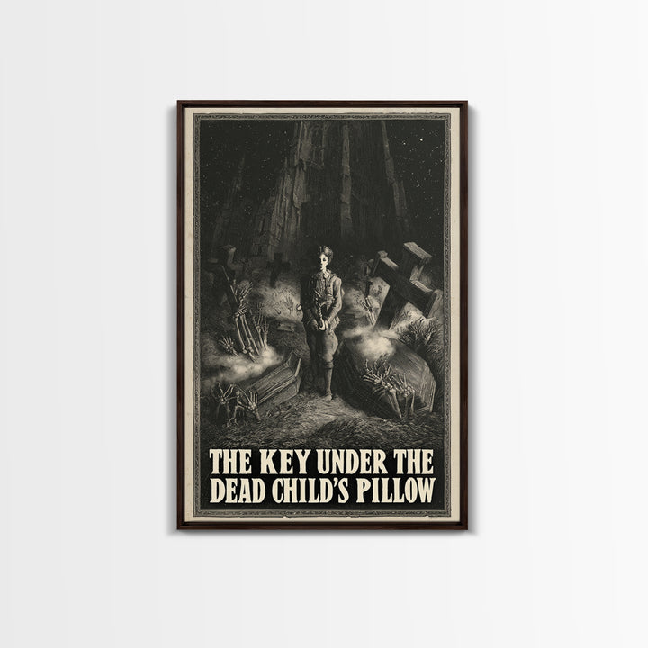 The Key Under The Dead Child'S Pillow, English Language Horror Movie Poster, Gothic Engraving Art, Retro Horror Movie Art, Canvas Print