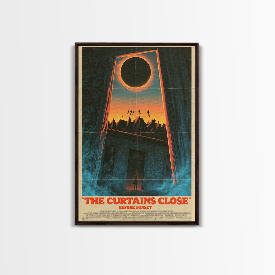 The Curtains Close Before Sunset, English Language Horror Movie Poster, 1980s Vhs Nightmare Cover Inspired Art, Cult Horror Poster