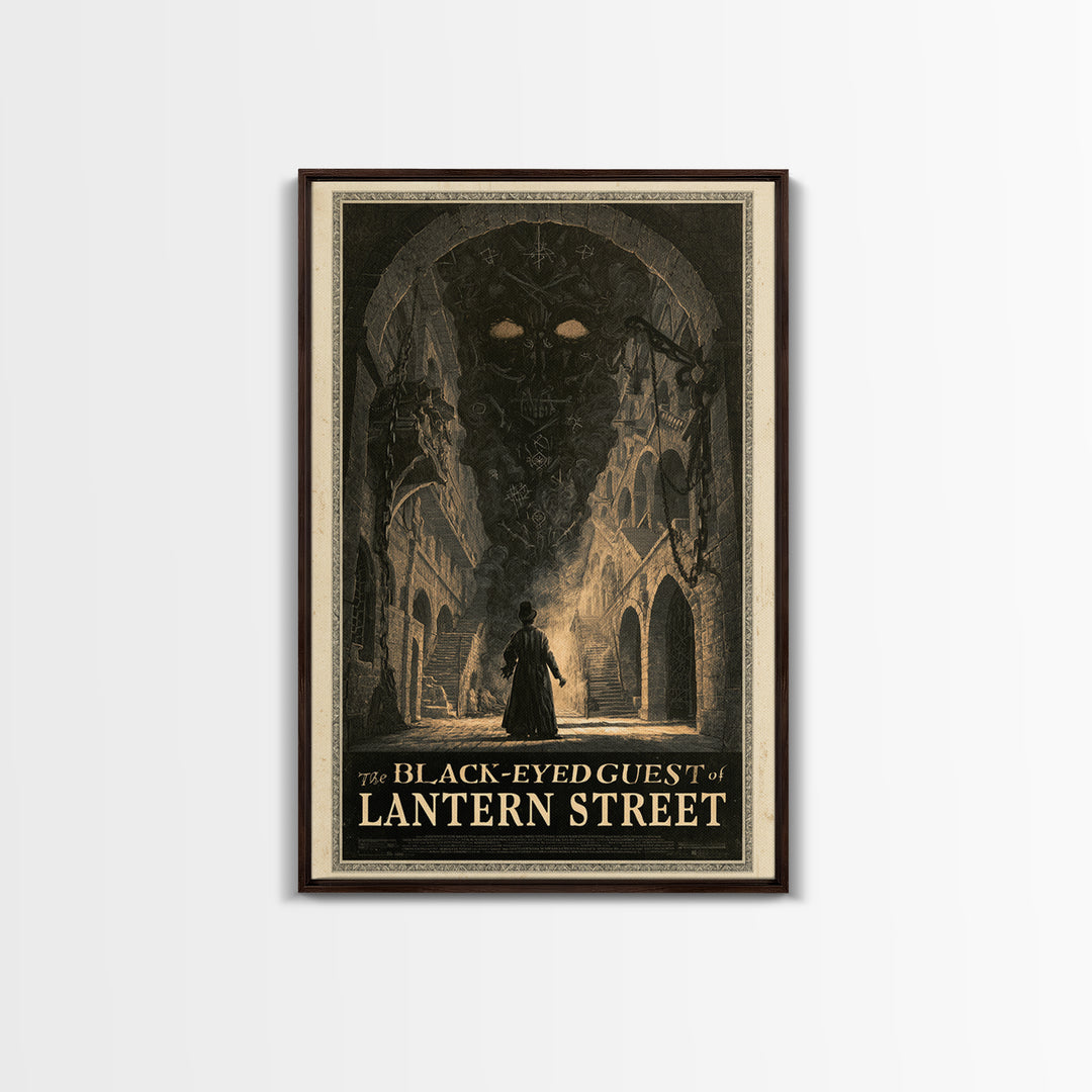 The Black-Eyed Guest Of Lantern Street, English Language Horror Movie Poster, Architectural Etching Art, Framed Canvas Print