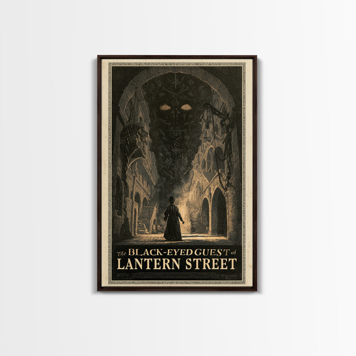 The Black-Eyed Guest Of Lantern Street, English Language Horror Movie Poster, Architectural Etching Art, Framed Canvas Print
