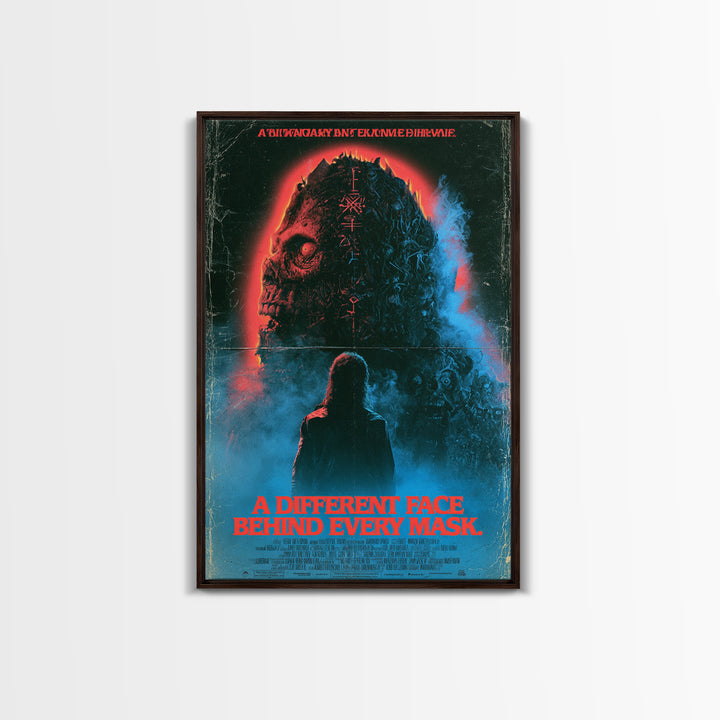 A Different Face Behind Every Mask, English Language Horror Movie Poster, 1980s Vhs Nightmare Cover Inspired Art, Classic Monster Poster