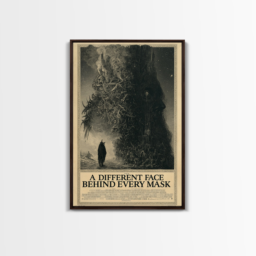 A Different Face Behind Every Mask, English Language Horror Movie Poster, Gothic Engraving Art, Gothic Cinema Wall Art