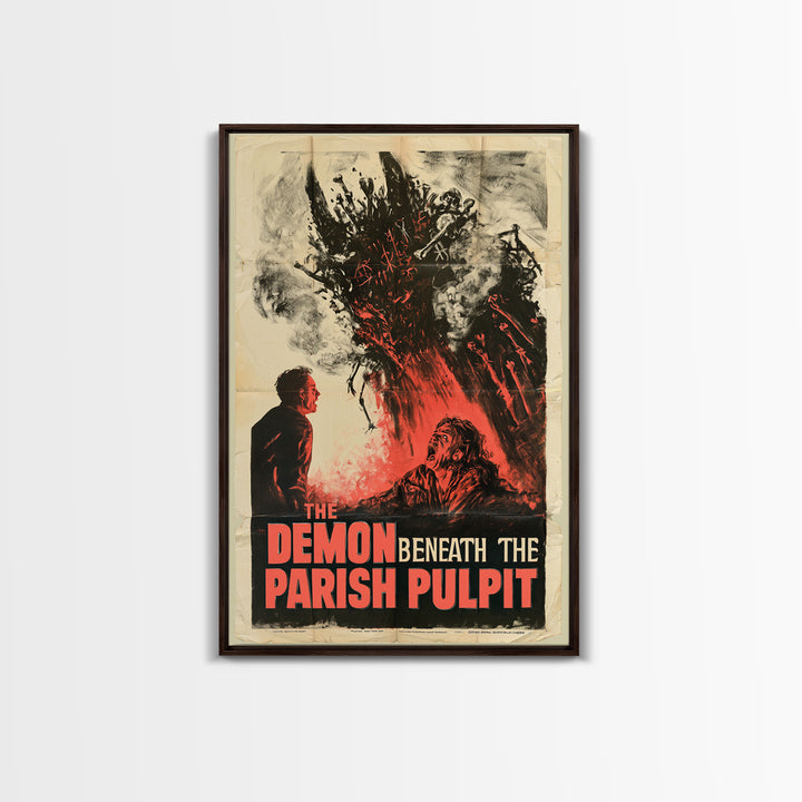 The Demon Beneath The Parish Pulpit, English Language Horror Movie Poster, 1950s Creature-Feature One-Sheet Inspired Art, Canvas Print