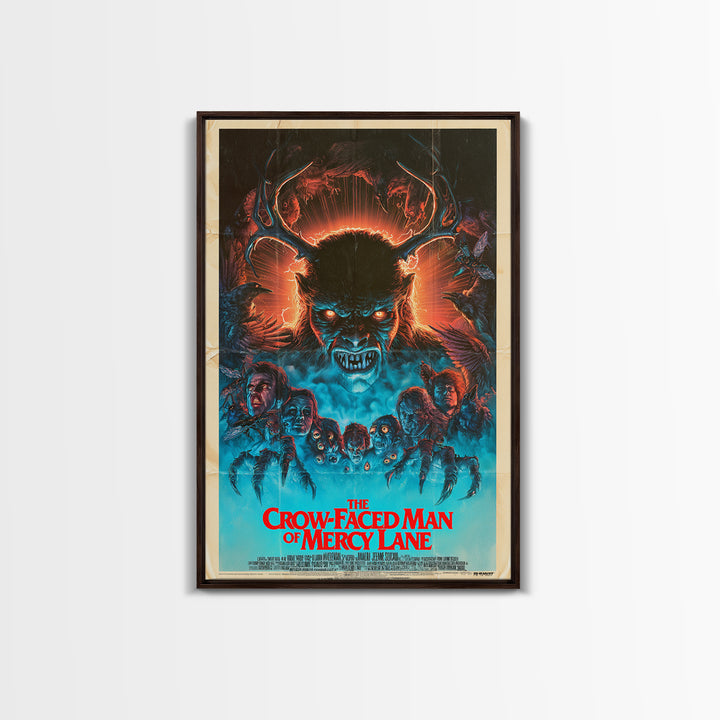 The Crow-Faced Man Of Mercy Lane, English Language Horror Movie Poster, 1980s Vhs Nightmare Cover Inspired Art, Classic Monster Poster