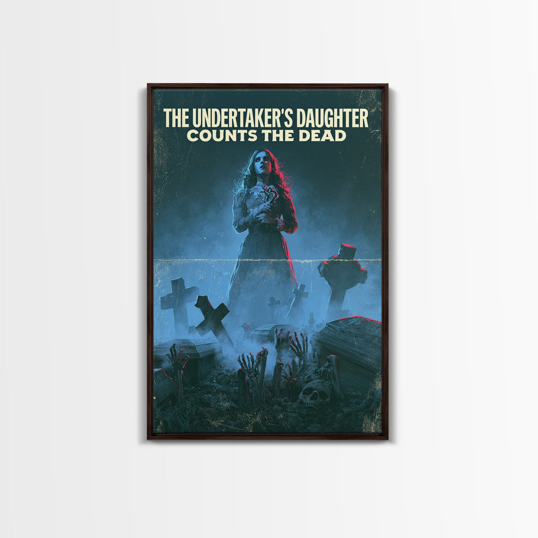 The Undertaker'S Daughter Counts The Dead, English Language Horror Movie Poster, 1980s Vhs Nightmare Cover Inspired Art, Framed Canvas Print