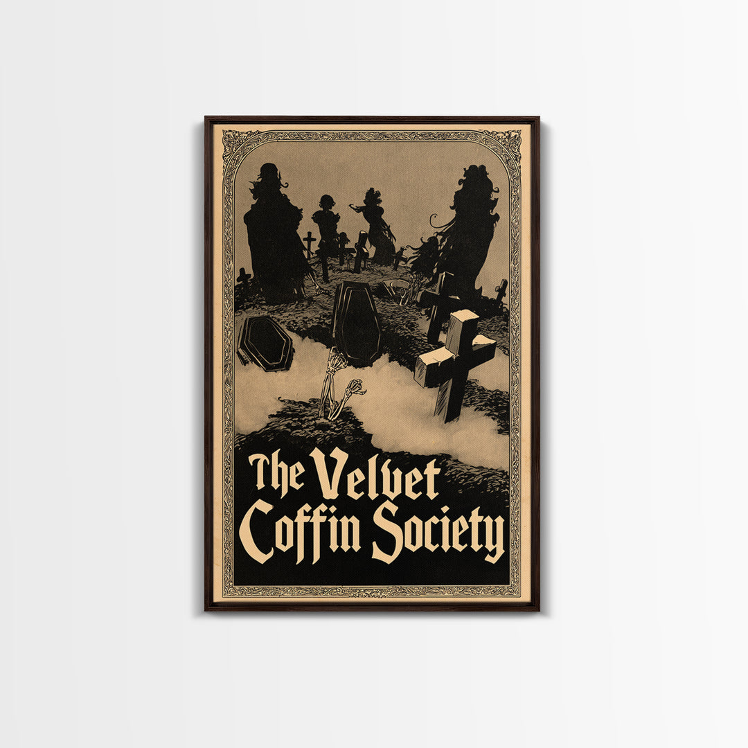 The Velvet Coffin Society, English Language Horror Movie Poster, Decadent Line Art, Gothic Cinema Wall Art, Framed Canvas Print