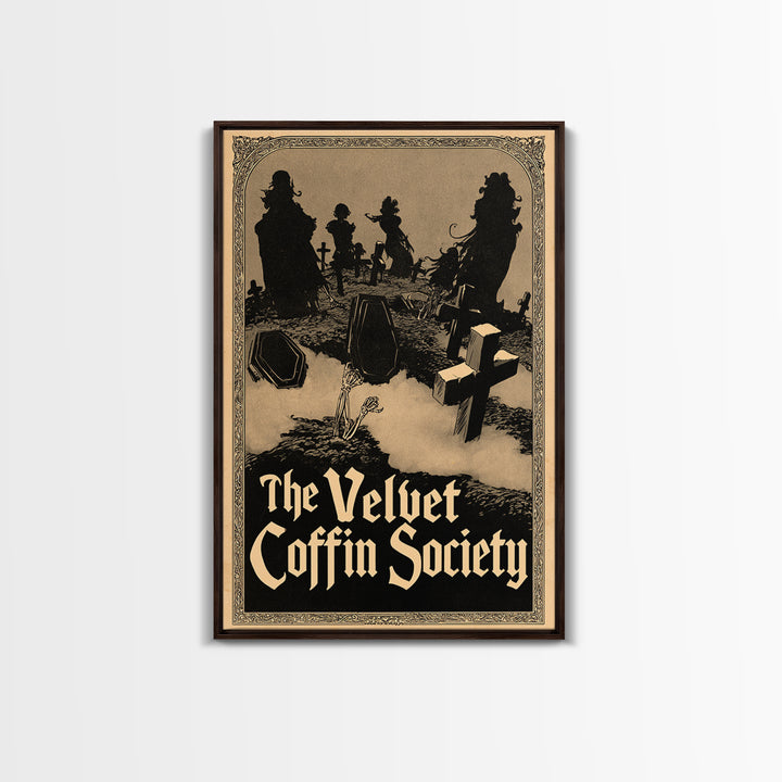 The Velvet Coffin Society, English Language Horror Movie Poster, Decadent Line Art, Gothic Cinema Wall Art, Framed Canvas Print